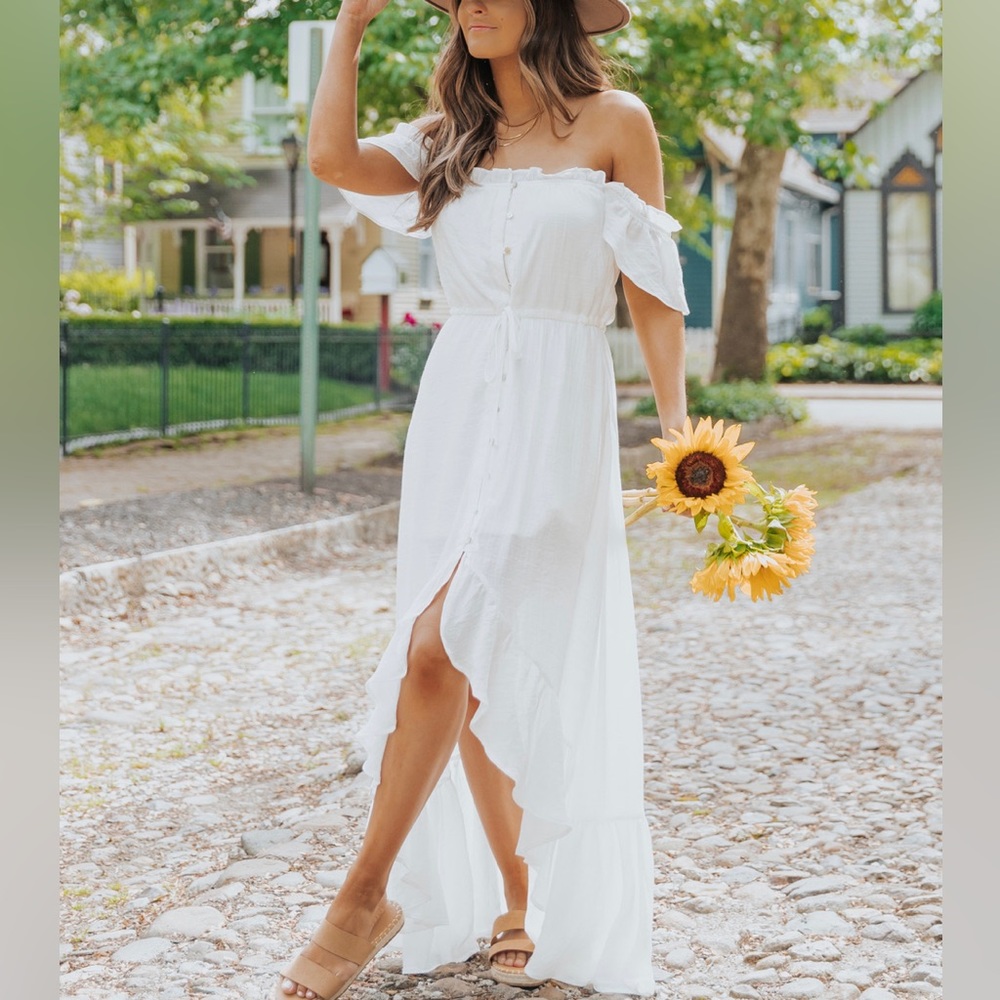 High low button up off the shoulder dress. Worn 1 time. Smoke free pet free home